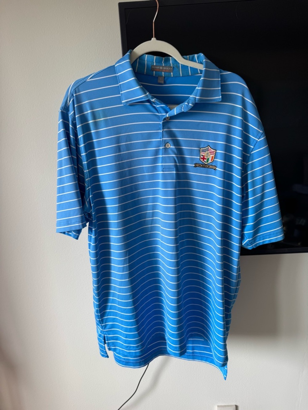 Peter Millar Blue White Striped Golf Polo with Crest